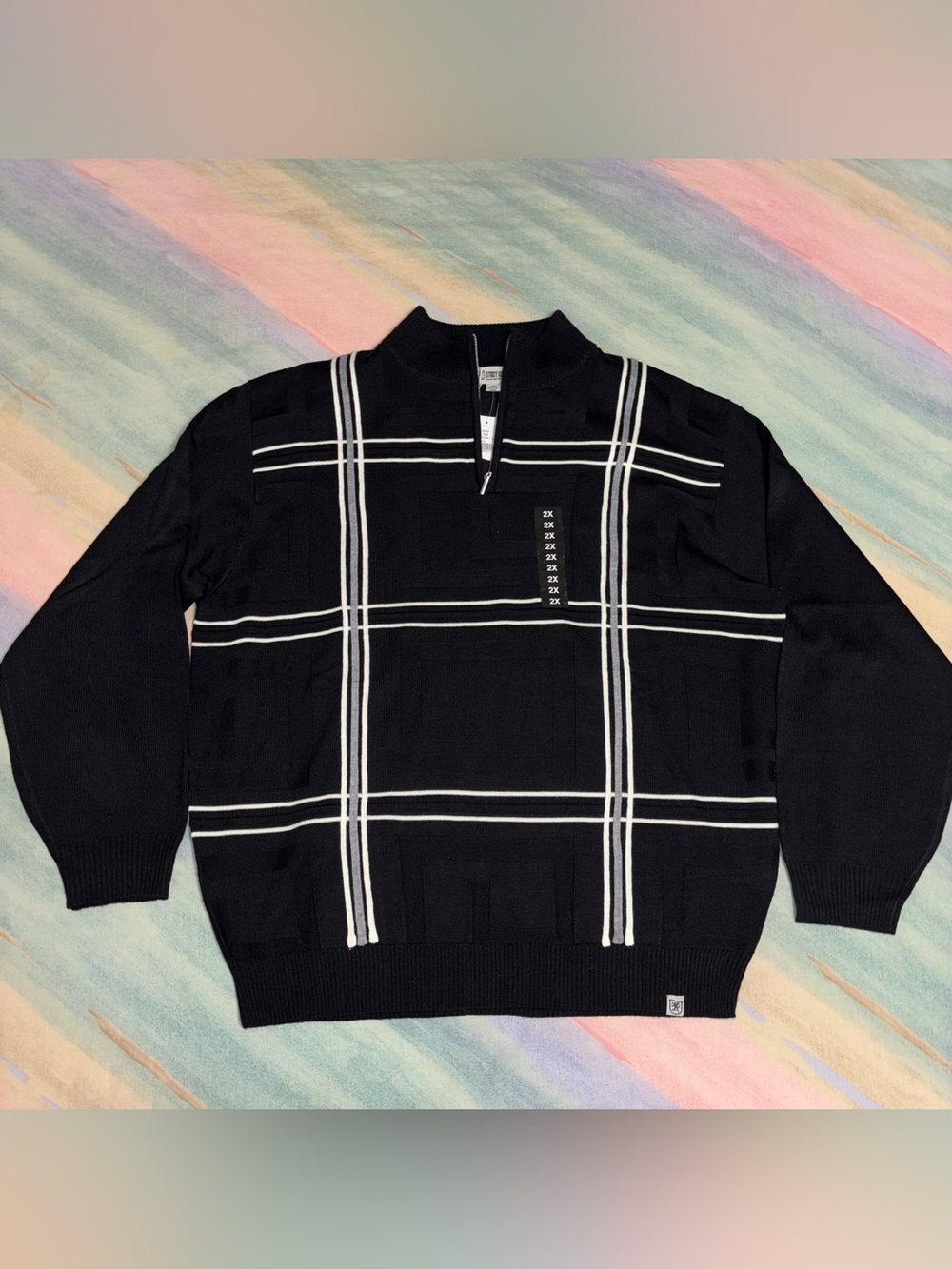 Stacy Adams Charcoal Grid Quater Zip Mockneck Sweater size 2XL